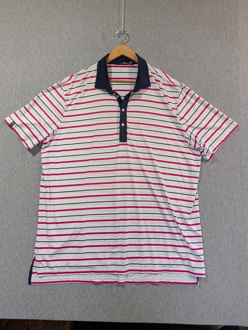 Ralph Lauren RLX Polo Shirt Men's XXLT Pink Blue White Striped Wicking